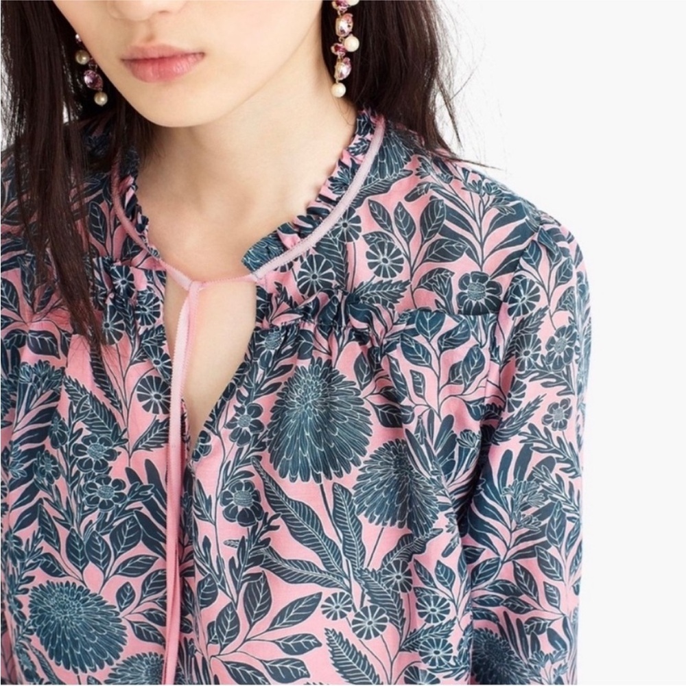 Abigail Borg x J. Crew pink floral tie neck blouse top 23423